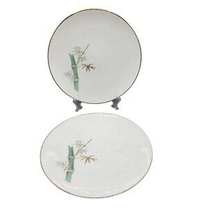 Vtg Noritake Japan Oriental Bamboo Design Dinner Plates Set Of 2 Gold Trim 10.5"